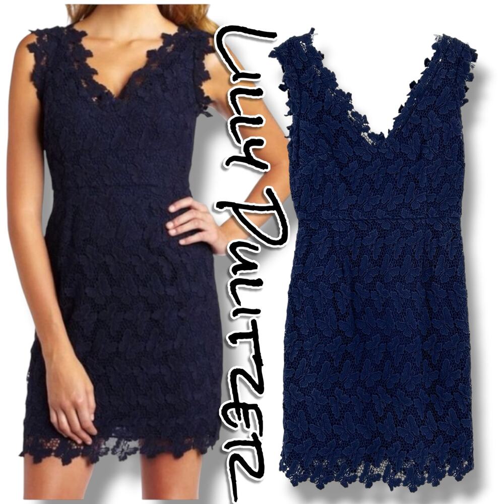 Lilly Pulitzer Reeve Butterfly Lace Sheath Dress True Navy Scallop Hem Size 4